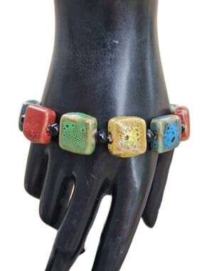 Vintage Artisan Ceramic Glazed Tile Bead Toggle Bracelet Multicolor